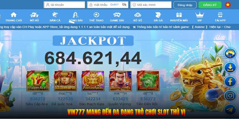 Vin777 mang đến đa dạng trò chơi slot thú vị